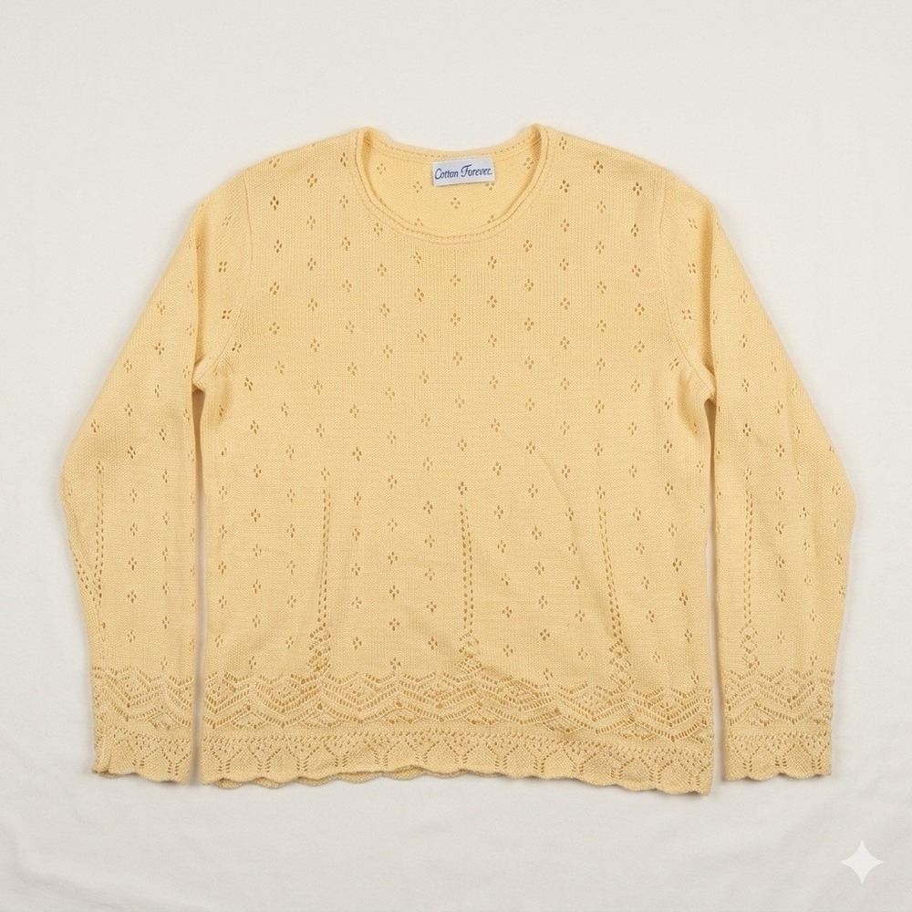 Cotton Forever Vintage Yellow Pointelle Open Knit Long Sleeve Pullover Sweater